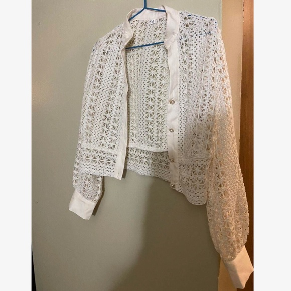 Hollow Out Knit Crochet Guipure Crop Shirt Long Sleeve Button Up Front - Picture 12 of 12